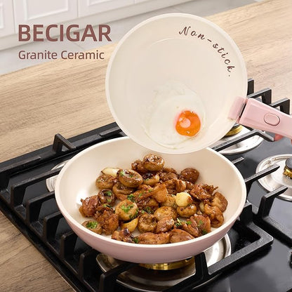 BECIGAR 8PCS Ceramic Cookware,Nonstick Ceramic Pan, Removable Handle Pots and Pans Set, Stackable Pan Set, Nonstick Pots and Pans Set Non Stick pot(Pink) - Image 8