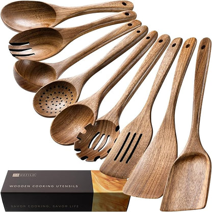 Wooden Spoons for Cooking, Nonstick Cooking Utensil Set with 9 Piece Acacia Wooden Spatulas and Spoons for Cooking, Terrific for Everyday Kitchen Tasks by HEFILD
