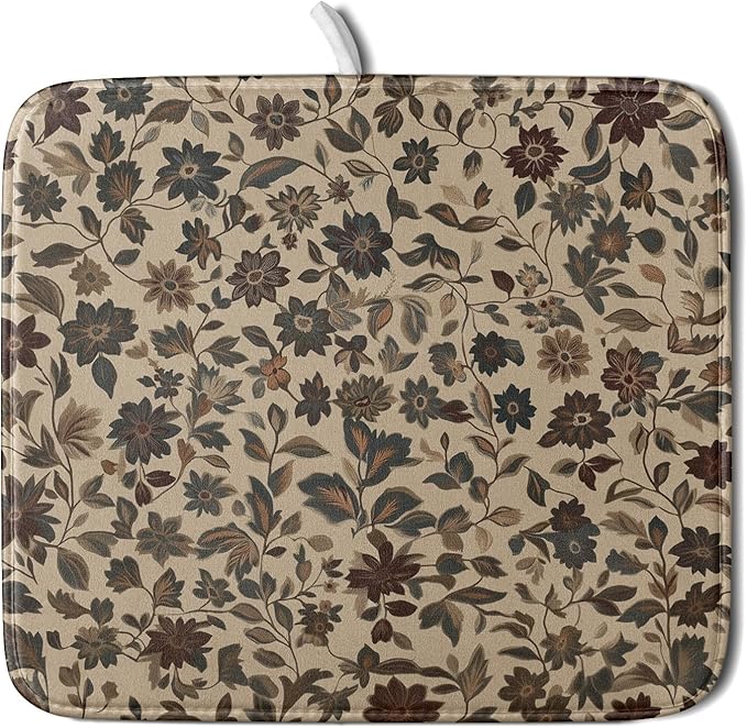 Giwawa 16"x18" Vintage Floral Decorative Dish Drying Mat- Rustic Boho Flowers Dish Drainer Mats- Abstract Antique Plant Reversible Microfiber Dish Drying Pad for Kitchen Countertop Sink Decor