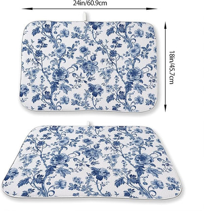 Blue Floral Dish Drying Mat 18 x 24 Inch Vintage Navy Blue Floral Drying Mat for Kitchen Counter Absorbent Spring Summer Flower Dishes Dry Pad for Drainer Rack Kitchen Fast Dry