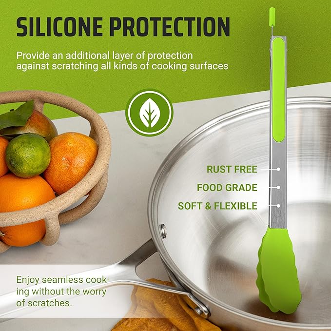 Kaluns Kitchen Tongs for Cooking Grilling Set of 4, BBQ Grill Tongs With Silicone Tip Stainless Steel Heat Resistant, Non-stick Pull Lock, Incl 7, 9, 12 Inch Tong Plus a Silicone Spatula - Image 3