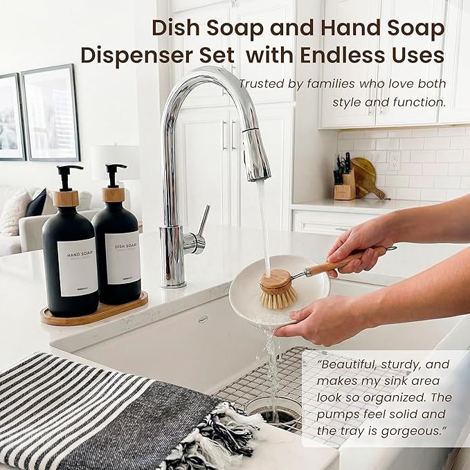 MaisoNovo Glass Dish Soap Dispenser for Kitchen Set of 2-16.9oz Dish and Hand Soap Dispenser Set for Kitchen - Black Glass Bottles x 2 with Black Bamboo Pumps & Tray
