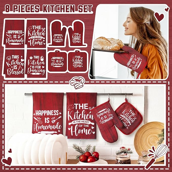 Leinuosen 8 Pcs Kitchen Towels and Oven Mitts Sets Pot Holders Dishcloths Set Kitchen Decorative Accessories Absorbent Potholders Heat Resistant for Chef Baking Cooking - Image 2