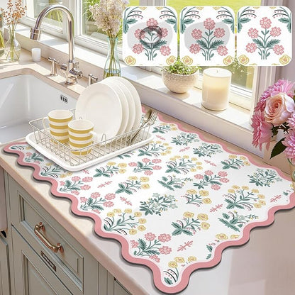 LOKHOM Scalloped Floral Dish Drying Mat, 18"x24" Super Absorbent Coffee Mat with Unique Pink Pastoral Floral, Cuttable Hide Stain Non-slip Drying Mat for Kitchen Counter Coffee Maker Espresso Machine by LOKHOM