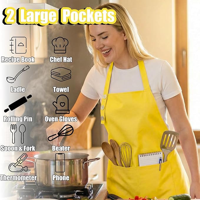 TOSHE Kitchen Apron Waterdrop Resistant Cotton Apron with adjustable Aprons for Women with Pockets 10 Color option Cooking Yellow Apron (Yellow) - Image 2