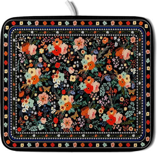 Black Flowers Dish Drying Pad Boho Floral Washable Microfiber Kitchen Mat for Home Decor by Giwawa
