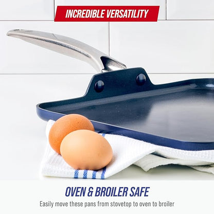 Blue Diamond 11" Nonstick Square Griddle Pan, Non Toxic PFAS-Free Diamond Ceramic, Dishwasher & Oven Safe, Even Heating, Metal Utensil Safe, Warp Control, Blue - Image 6