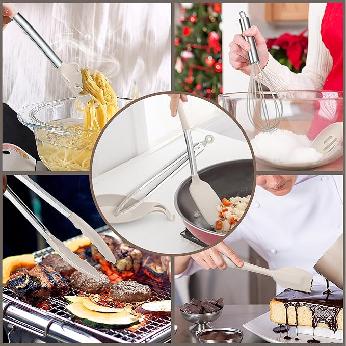 E-far Silicone Cooking Utensils Set, 30 Pcs Heat Resistant Kitchen Utensils with Stainless Steel Handle, Heat Resistant Kitchen Spatulas Turner Tong Spoon Whisk Ladle for Nonstick Cookware, Khaki - Image 4