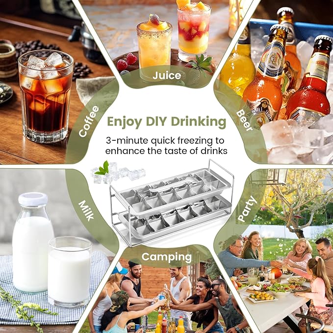 Stainless Steel Ice Cube Tray with Lever - 18 Large Ice Cube Mold, Non-Toxic & Dishwasher Safe for Kitchen and Bar Use