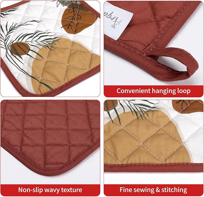 Boho Leaf Oven Mitts and Pot Holders Sets 4Pcs, 100% Cotton Heat Resistant, Extra Long Oven Gloves Potholder for Kitchen Cooking Baking Decoration, Housewarming Gifts for Mom - Image 3