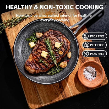 Ammeloo Hybrid Tri-Ply Stainless Steel Frying Pan Set, 8"/9.5"/11" Cooking Pans, Non Stick Frying Pans and Skillets, Chef Pan, Non Toxic, Dishwasher Safe, Induction Compatible, Black Interior