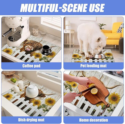 Sunflower Highland Cow Dish Drying Mat for Kitchen Counter Drying Pad Absorbent Reversible Dish Drainer Rack Mats Draining Pad 18"x24"Inch