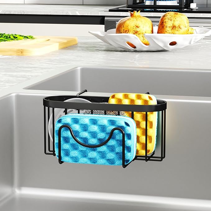HapiRm Sponge Holder for Kitchen Sink - Rustproof Hanging Kitchen Caddy for Double-Bowl Sink, Center Divider Width Less Than 1.5in- Black - Image 6