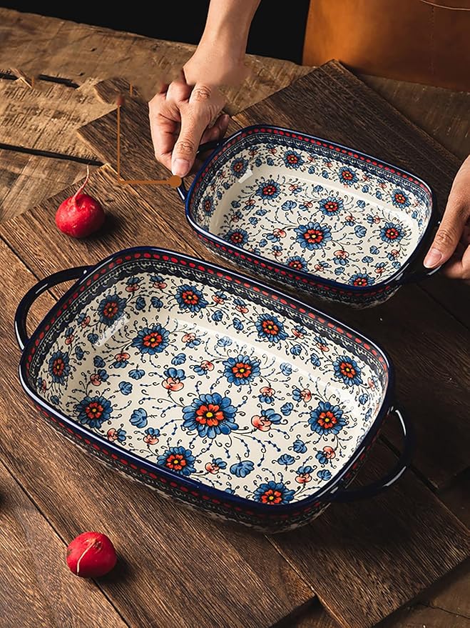Vintage Style Pottery Bakeware Ceramic Casserole Dish Baking Pan Lasagna Pans Baking Dish with Handles for Oven/Cooking/Kitchen-1 PCS, Large Capacity, 60 OZ - Image 3