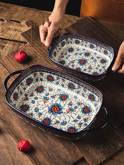 Vintage Style Pottery Bakeware Ceramic Casserole Dish Baking Pan Lasagna Pans Baking Dish with Handles for Oven/Cooking/Kitchen-1 PCS, Large Capacity, 60 OZ - Image 3