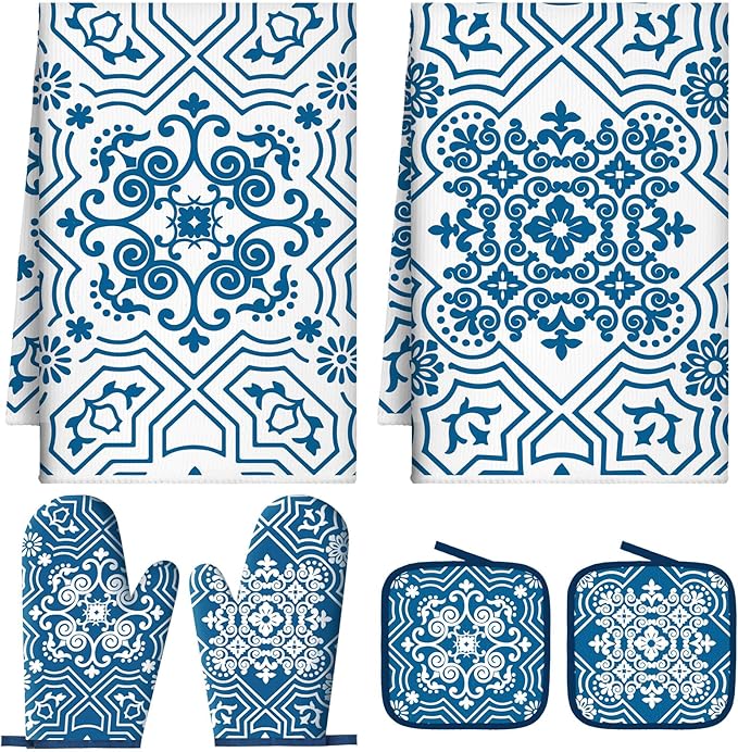 Jingmore 6 Pcs Kitchen Decor Set Accessory Farmhouse Kitchen Towels Pot Holders Oven Mitts Set 2 Dish Towels 2 Pot Holders 2 Cooking Mittens Oven Glove for Cooking (Blue,White,Chinoiserie Printed) by Jingmore