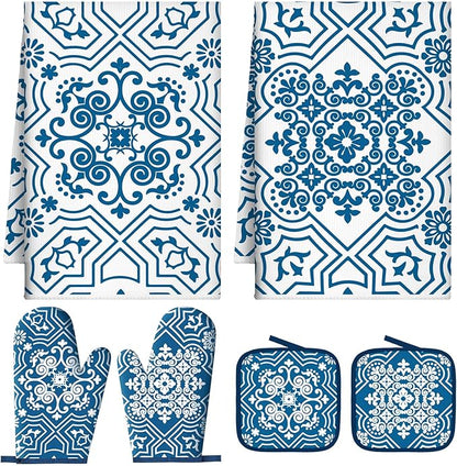 Jingmore 6 Pcs Kitchen Decor Set Accessory Farmhouse Kitchen Towels Pot Holders Oven Mitts Set 2 Dish Towels 2 Pot Holders 2 Cooking Mittens Oven Glove for Cooking (Blue,White,Chinoiserie Printed) by Jingmore