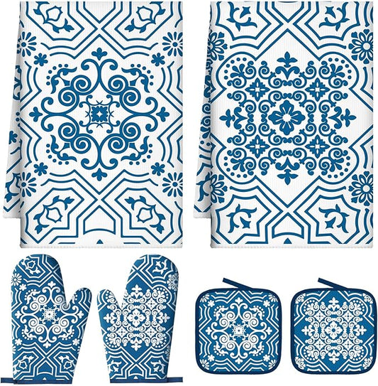 Jingmore 6 Pcs Kitchen Decor Set Accessory Farmhouse Kitchen Towels Pot Holders Oven Mitts Set 2 Dish Towels 2 Pot Holders 2 Cooking Mittens Oven Glove for Cooking (Blue,White,Chinoiserie Printed) by Jingmore