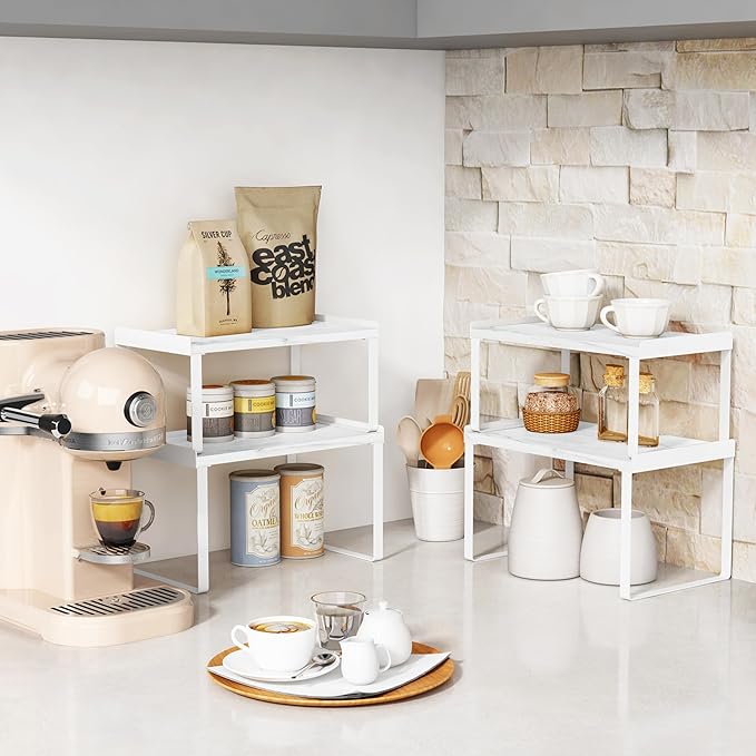 Goozii White Marble Kitchen Counter Shelf Organizer, Modern Dish Plate Organizer for Cabinet Space Saver, Small Wood Stackable 2 Tier Office Desktop Shelf Risers for Books Monitor - Set of 4