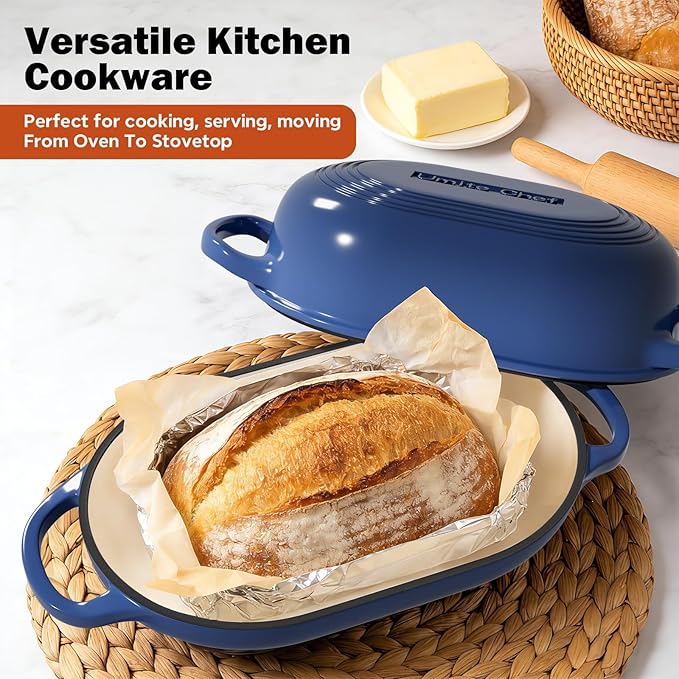 Enameled Cast Iron Dutch Oven for Bread Baking - incl. Sourdough Bread-Baking Supplies like Banneton Bread-Proofing Basket - 5QT Loaf Cast Iron Bread Oven Pan with Lid Meatloaf Pan with Lid, Sour Sough Tools, Lame(Blue） - Image 6