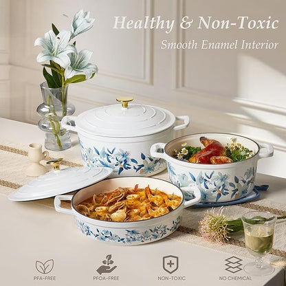 CAROTE 7QT Cast Iron Dutch Oven Pot with Lid, Enameled Floral Dutch Ovens with Cotton Potholders & Oven Gloves, Versatile Heavy-Duty Cookware for Sourdough Bread Baking, Braising, Stews, All Stovetop Compatible, Oven Safe up to 500° F, White & Blue - Image 6