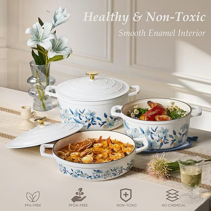 CAROTE 5 QT Cast Iron Dutch Oven Pot with Lid, Enameled Floral Dutch Ovens with Cotton Potholders & Oven Gloves, Gift Box, Cast Iron Pot for Sourdough Bread Baking, Braising, Stews, Roasting, Dual Handles, All Stovetop Compatible, Oven Safe up to 500° ... - Image 7