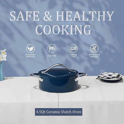CookinCraze Stock Pot 4.5QT Nonstick Ceramic Dutch Oven Pot with Lid (9.5"x 4") Non-Toxic PFAS-Free Even Heat Distribution, for Braising, Baking Bread & Soups, Compatible for All Cooktops(Induction/Gas/Electric) Oven Safe to 500°F, Navy Blue