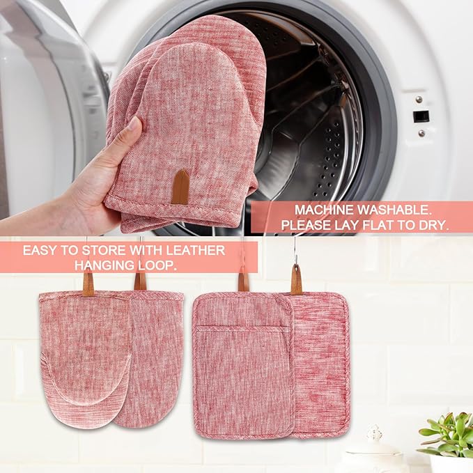 4Pcs Heat Resistant Oven Mitts & Potholders (Up to 500°F), Flexible Kitchen Accessories for BBQ, Baking, Microwave, Stovetop Use and More (Pink) - Image 5