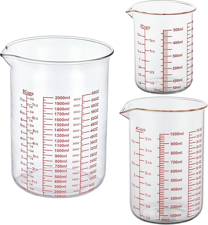 3 Piece Glass Measuring Cup Set, Includes 2-Cup, 4-Cup, and 8-Cup High Borosilicate Glasss Liquid Measuring Cups, Dishwasher, Freezer, Microwave, and Preheated Oven Safe, Essential Kitchen Tools by AckersBORO33