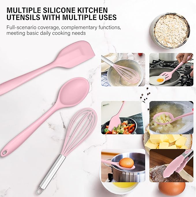 HaWare 11 PCS Silicone Cooking Utensils Set, Heat Resistant Kitchen Utensils with Holder, Food-grade Spatula Sets for Nonstick Cookware, Kitchen Tools Gadgets Include Fish Turner, Spoon (Pink) - Image 5