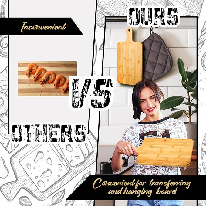 Nuenen 1 Pcs Wood Cutting Board with Handle Acacia Bamboo Wooden Serving Kitchen Chopping Boards for Pizza, Bread, Cheese, Charcuterie, Fruit, Vegetables (15.7 x 7.8 Inch,Bamboo) - Image 5