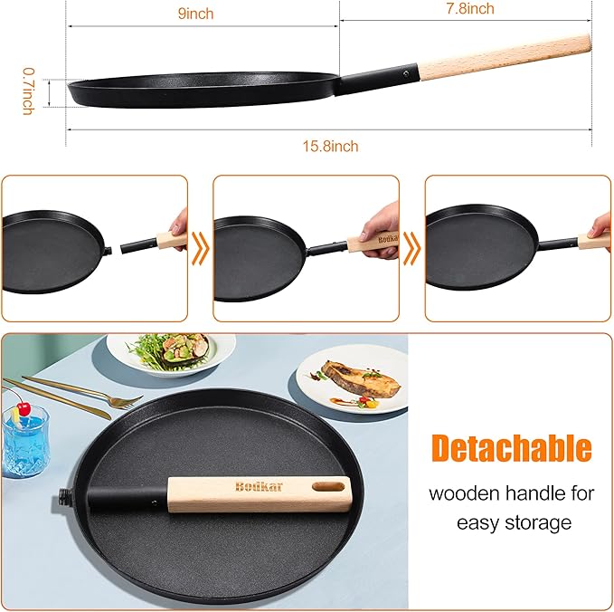 bodkar 8-inch Frying Pan Skillet Flat Crepe Pan, Lightweight Grill Pan with Wooden Handle for Camping Indoor Outdoor Cooking