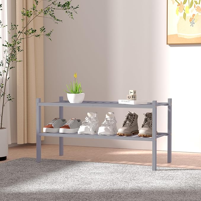ROMGUAR CRAFT 2 Tier Bamboo Shoe Rack for Closet Free Standing Wood Shoe Shelf for Entryway Small Space Stackable 27"x11"x13" (Grey) - Image 2