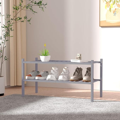 ROMGUAR CRAFT 2 Tier Bamboo Shoe Rack for Closet Free Standing Wood Shoe Shelf for Entryway Small Space Stackable 27"x11"x13" (Grey) - Image 2