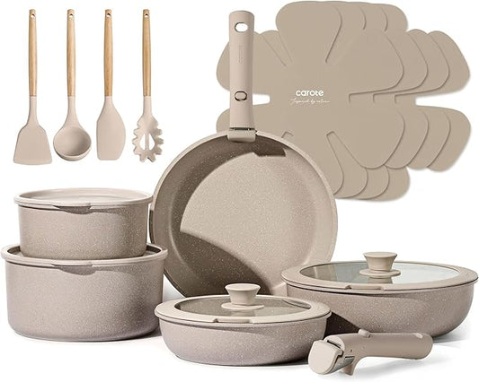 CAROTE 19pcs Pots and Pans Set Non Stick, Nonstick Cookware Set Detachable Handle, Induction Kitchen Cooking Sets with Removable Handle, RV Kitchen, Oven Safe, Taupe by CAROTE