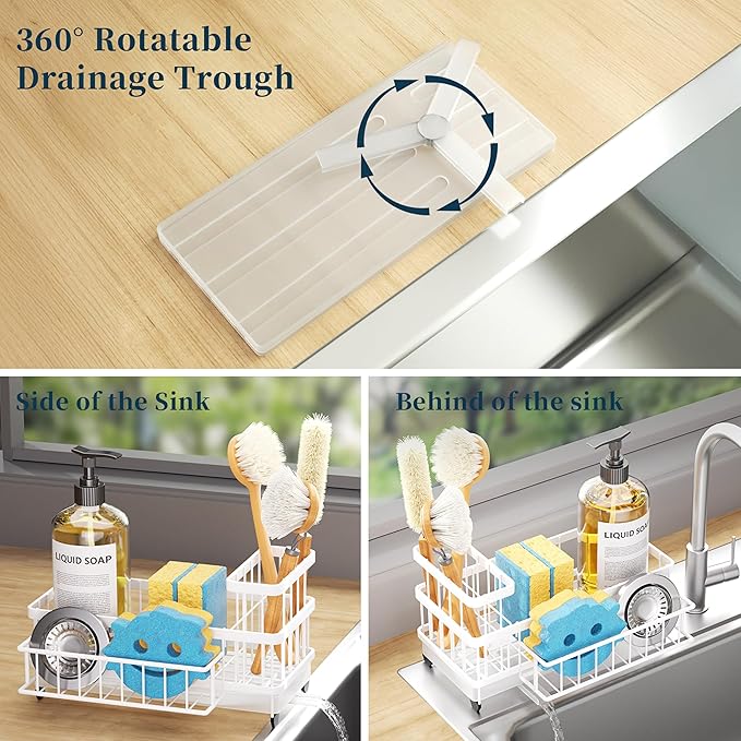 Consumest Sponge Holder for Kitchen Sink - Auto Draining Sink Caddy Organizer with Detachable Rack, High Brush Holder, Kitchen Countertop Storage Accessories, White - Image 2