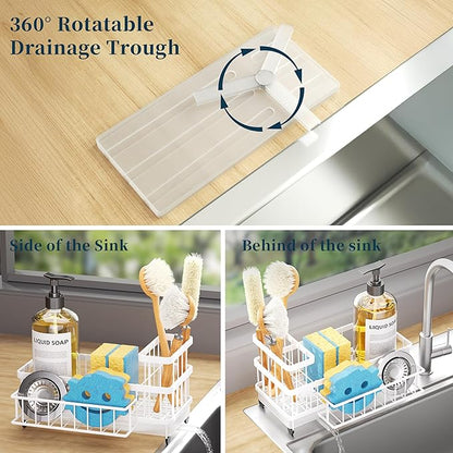 Consumest Sponge Holder for Kitchen Sink - Auto Draining Sink Caddy Organizer with Detachable Rack, High Brush Holder, Kitchen Countertop Storage Accessories, White - Image 2