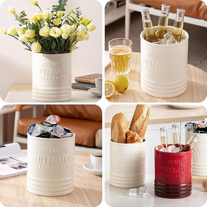 LOVECASA Vintage Utensil Holder for Kitchen Countertop, 7.2” Large Ceramic Utensil Crock for Home Décor, Farmhouse Utensil Vase for Housewarming, Wedding, Birthday Gift - Cream White - Image 6