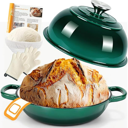 AHJ 6QT Dutch Oven For Bread Baking, Enameled Cast Iron Dutch Oven Pot with Lid, Multi-Functional Bread pan, Sourdough Baking Supplies with Proofing Basket, Cast Iron Bread Oven, Silicone Sling & Gloves. by AHJ
