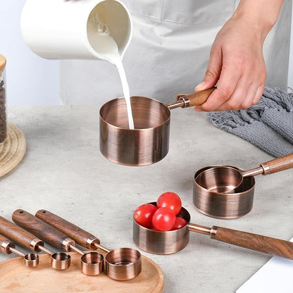 Copper Measuring Cups & Spoons Set 8, Stainless Steel Measuring Cups and Spoons Set for Baking and Kitchen, Metric & US Metal Measure Cup & Spoon with Wood Handle for Dry & Liquid