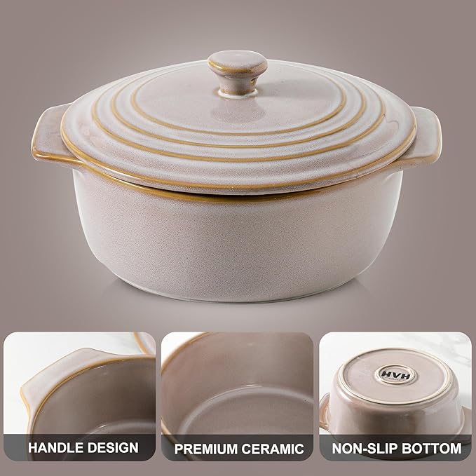 HVH Ceramic Casserole Dish with Lid Oven Safe, 2 Quart Round Casseroles Dishes Set, 9 Inches Round Baking Dish with Lid Oven Safe, Deep Casserole Dishes for Oven for Dinner Party (Sand Color) - Image 6