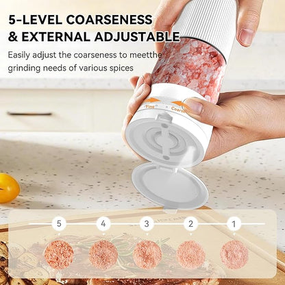 Electric Salt and Pepper Grinder Set, Upgrade 2-Speed Setting, External 5 Adjustable Coarseness, Rechargeable Automatic Salt & Pepper Shakers Mill with Battery Display, Storage Base & Led Light, White - Image 3
