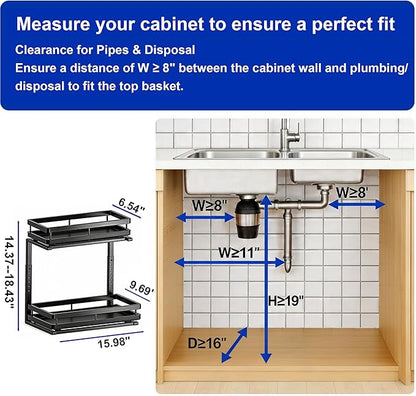 Under Sink Organizer, Dual-Rail Ball-Bearing, Under Kitchen Sink Organizer, 6-Level Adjustable, Under Cabinet Organizer, No-Drill Adhesive/Suction, Under Sink Storage (Black, Double Layer - 2 Pack)