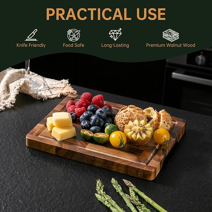 THETCHRY Walnut Wood Small Cutting Board, Compact Chopping Board with Deep Juice Groove, Knife Friendly & Non-Slip Design, 10x8x0.8 Inch for Fruit Cheese Prep - Image 3