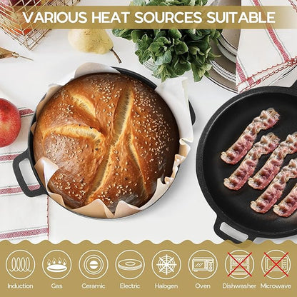 TeamFar Pre-season Cast Iron Dutch Oven with Skillet Lid, 2-in-1 Cast Iron Bread Pan Skillet Cookware with Dual Handles for Bread Baking, Frying, Camping, 5QT - Image 4