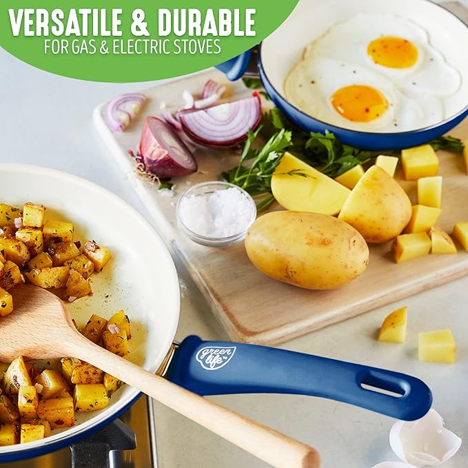 GreenLife Non Stick Fry Pan Set (7" & 10"), Non-Toxic PFAS-Free Ceramic Skillets, Dishwasher & Oven Safe, Egg Omelet Frying Pans, Stay- Cool Handles, Kitchen Home Cooking Essentials, Blue - Image 6