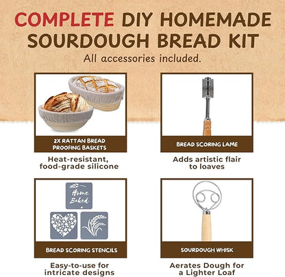 Complete Sourdough Bread Starter Kit, Glass Sourdough Starter Jar Kit & Tons of Sourdough Bread Baking Supplies - Sourdough Starter Kit Includes Sourdough Jar, Banneton Basket (2x Baskets and Jar)