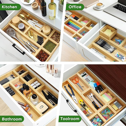 Bamboo Drawer Organizer Set, 9 PCS Multi-Use Individual Wood Storage Organizers, Junk Drawer Divider and Storage Trays Containers for Kitchen, Bathroom, Office Desk, Makeup, Jewelry, Utensils - Image 5