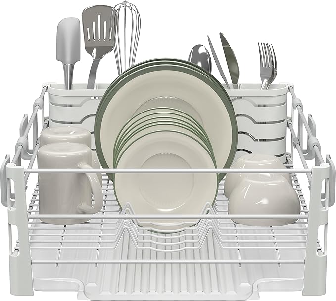 Simple Houseware White Dish Drying Rack with Drainboard, Utensil Holder & Mug Hooks – Metal Kitchen Counter Organizer - Image 2
