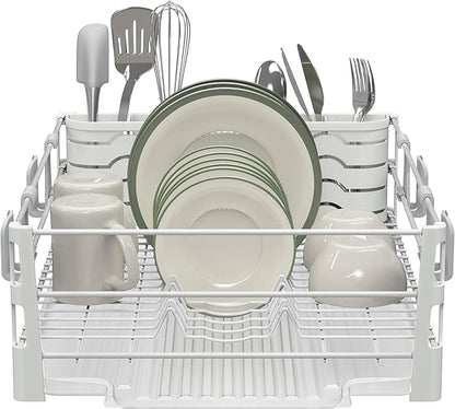 Simple Houseware White Dish Drying Rack with Drainboard, Utensil Holder & Mug Hooks – Metal Kitchen Counter Organizer - Image 2